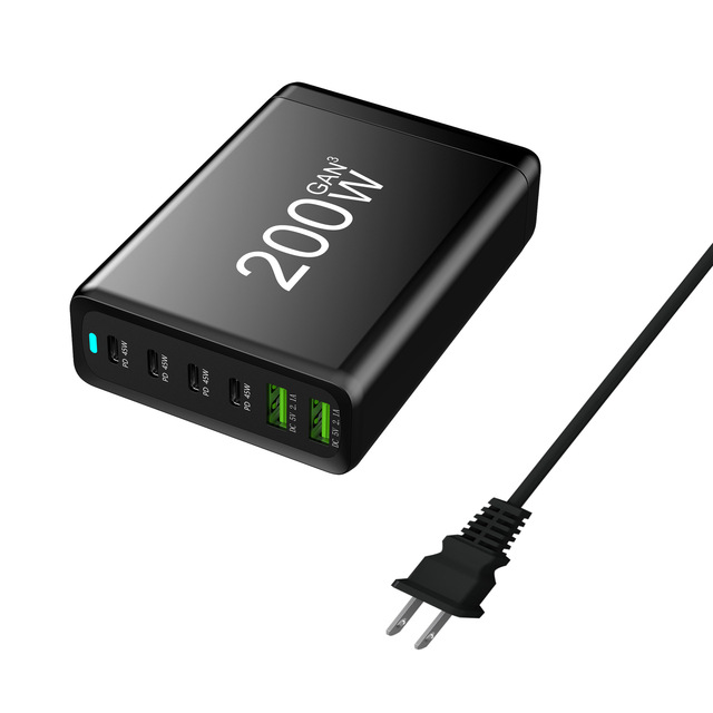 New Gan 200w Pd 6 Ports Usb C Pd 45w Usb-a Qc3.0 Charging Station for Ipad Pro Smartphone Fast Charging Macbook Laptops