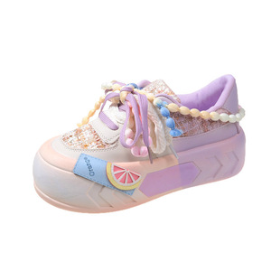 Baskets <span class=keywords><strong>Femme</strong></span> Rétro à Bout Fermé et Semelle Épaisse, Chaussures de Course Décontractées pour Femmes, Baskets Plateformes Mignonnes et Colorées, Chaussures Décontractées en Tweed Patchwork - Product Image 5