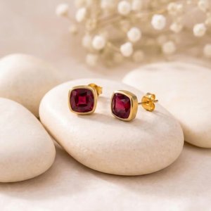 Natural Ruby Faceted Cushion Cut <b>Stud</b> Earrings In 925 <b>Sterling</b> <b>Silver</b> Or 18K Gold Filled Red Gemstone Minimalist Elegant Fine - Product Image 6