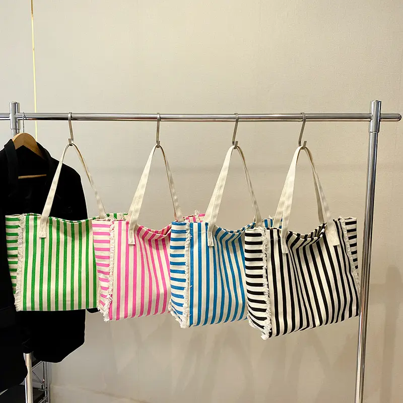 Wholesale Custom Striped Canvas Tote Bag Simple Large Capacity Tote Bags Stripe Canvas Rope Handle Beach Bag