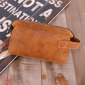 Genuine Leather Solid Color <b>Toiletry</b> Bag Rectangle Chocolate Brown Multifunctional for Travel Business Everyday Use - Product Image 1