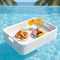 Plateau flottant rectangulaire de luxe pour hôtel, villa, bord de piscine, petit-déjeuner et goûter, en osier tressé à la main, forme de bateau, table en rotin