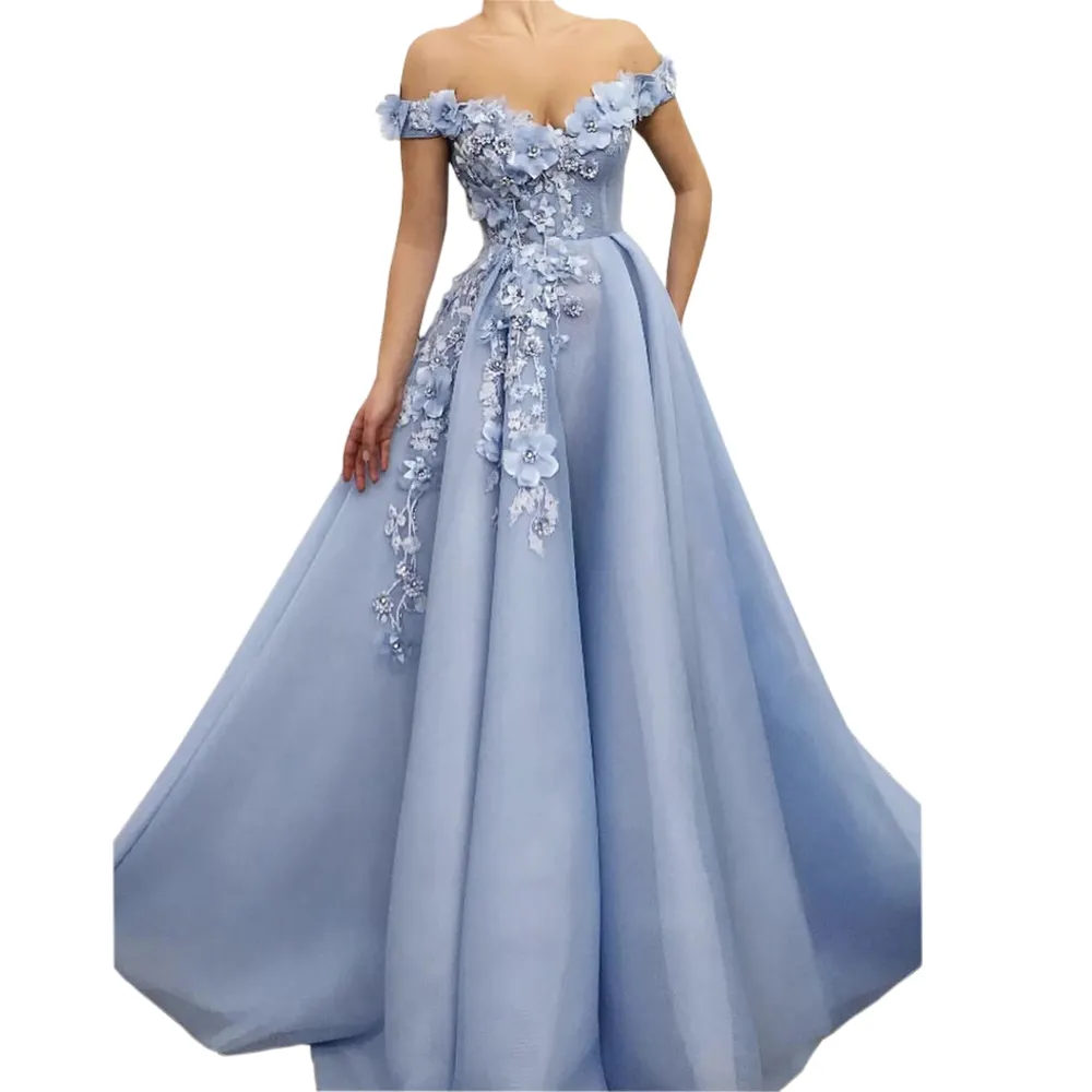 Elegant Sky Blue Prom Dresses 3D Flowers A Line Sleeves Off the Shoulder Evening Gowns Long Formal Occasion Dress