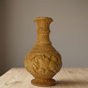 Vase en bois sculpté artisanal écologique avec motif de dragon, sculpture ovale, objet de collection, décoration autoportante, Rajasthan - Product Image 3