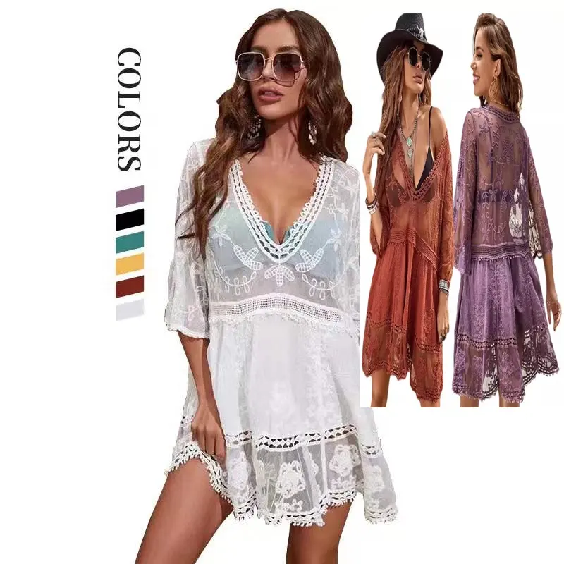 2023 Deep V Neck Boho Beach Outing Sheer crochet Tunic Pareo Swimwear Summer Vintage Short Dress Holiday Cover Up