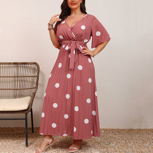 Maxi <span class=keywords><strong>abito</strong></span> Flowy estivo all'ingrosso per taglie forti da donna con scollo a V in vita stampa a <span class=keywords><strong>pois</strong></span> stile impero gonna lunga Casual in Chiffon - Product Image 1