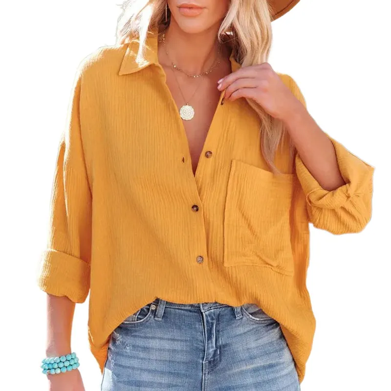 2023 Spring Casual Crepe Cotton Long Sleeve Loose Fit Button Up Collared Shirts Women