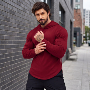Sweat-shirt à capuche pour homme, coupe ajustée, couleur bordeaux uni, manches longues, fermeture éclair latérale, décontracté - Product Image 3