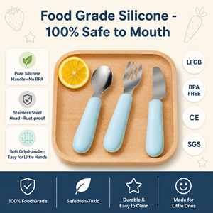 Juego de cucharas y tenedores de silicona duraderos respetuosos con el medio ambiente para bebés, juego de comedor de acero inoxidable para niños con mango de silicona, venta al por mayor - Product Image 5