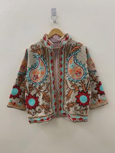 Handmade <b>Beige</b> Floral Suzani Velvet <b>Jacket</b> Uzbek Style Duster Coat Festival Outerwear Statement Gift for Women - Product Image 1