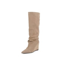 Bottes d'équitation montantes en cuir véritable à bout pointu et talon compensé pour l'hiver
