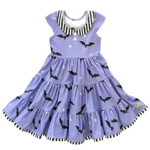 latest design summer sleeveless round neck baby girl dresses bat print stripe ruffle hem purple dress for kids