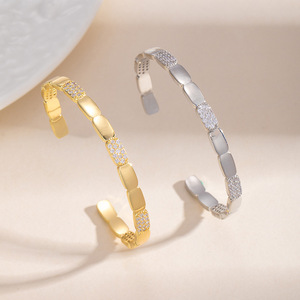 Geometric Zircon Open <b>Bangle</b> And Ring <b>Set</b> Gold And Silver Stainless Steel Women's Jewelry Gift - Product Image 4