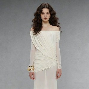 Nuovo Abito Donna 2026 Personalizzato Monospalla <span class=keywords><strong>Senza</strong></span> Colletto Manica Lunga Plissettato Tinta Unita Elegante Moda Estiva - Product Image 2