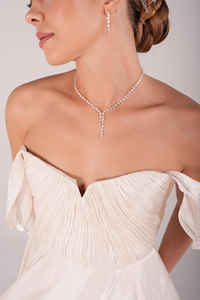 Bridal Jewelry <b>Set</b>-Sterling Silver Necklace <b>Bracelet</b> & Earrings with Moissanite Platinum Plated Y-Shape Design for Wedding - Product Image 5