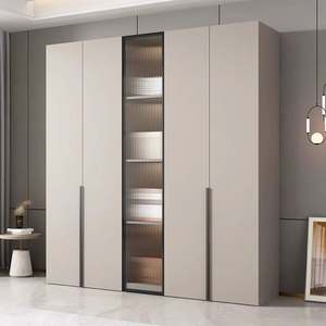 Santopova Modern Minimalist <b>Wardrobe</b> with Fluted Glass Door & LED Lighting, Beige Bedroom Storage <b>Cabinet</b> for Home Furniture - Product Image 4