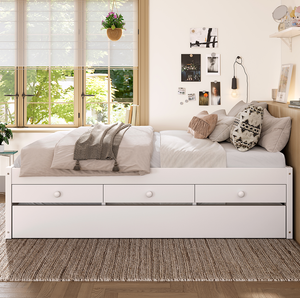Full Platform <b>Bed</b> with Trundle and 2 Drawers Modern Soft <b>Bed</b> Adjustable <b>Convertible</b> Solid Wood with Power Strip - Product Image 4