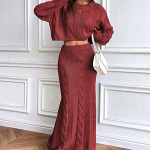 Cropped Cable <b>Knit</b> Sweater <b>Set</b> Women's Red S Long Skirt Matching Outfit - Product Image 1