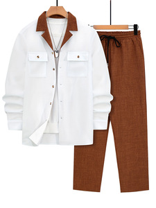 Costume classique pour <span class=keywords><strong>homme</strong></span> 2 pièces, veste blanche à manches longues et <span class=keywords><strong>pantalon</strong></span> & T-shirt, chemise respirante de style ethnique pour vêtements décontractés de printemps - Product Image 2