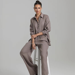 Pantaloni Casual da <span class=keywords><strong>donna</strong></span> alla moda abito 100% <span class=keywords><strong>lino</strong></span> protezione solare camicia a maniche lunghe camicetta traspirante semplice temperamento lana - Product Image 1