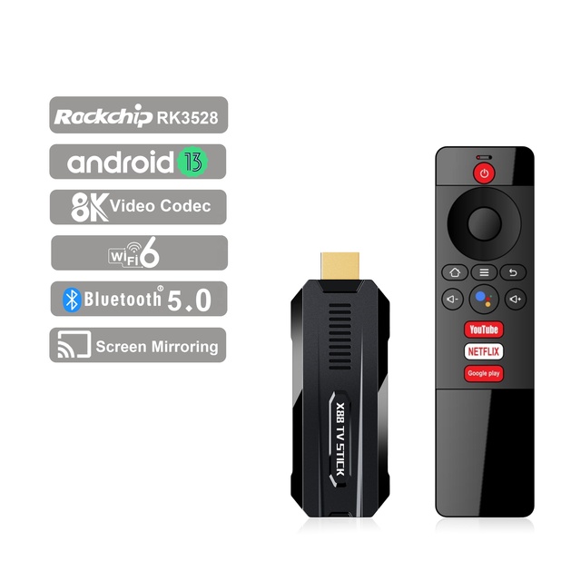 Smart TV Dongle With Android 13, BT5.0 and Wifi6 for 2024 Premium Rockchip RK3528 Original Factory Hot Sell X88 TV Stick