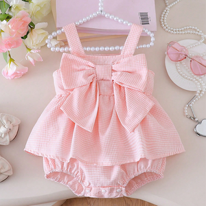 <span class=keywords><strong>Tutina</strong></span> Estiva per Bambina con Motivo a Quadri, Senza Maniche, Fiocco Tridimensionale e Design con Fibbia Pendente - Product Image 1