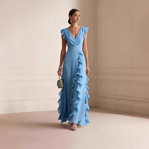 Abito in chiffon da donna 2026, stile europeo-americano, primaverile, tinta unita, plissettato, senza maniche, <span class=keywords><strong>scollo</strong></span> a V, vita alta - Product Image 2