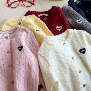 Tongxingyuan Girls Knitted Cardigan Sweater Solid Color Heart Patch Spring Autumn Cotton Kids Top - Product Image 3