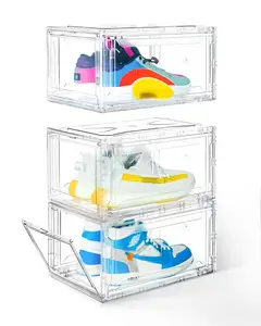 Penyimpanan sepatu akrilik plastik transparan, kotak sneaker rak sepatu dapat ditumpuk magnetik menghemat ruang pengatur rumah tangga