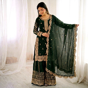 Traje Anarkali Tradicional Indio-Pakistaní Verde para Mujer con Dupatta, Bordado, de Seda, Largo hasta el Suelo, Corte Regular - Product Image 1