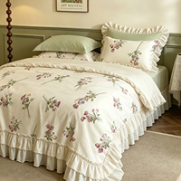 Parure de lit en coton 100% vert sauge à motifs floraux botaniques, style nordique pastoral avec volants superposés, ensemble housse de couette vert sauge et vert sarcelle