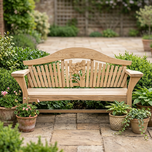 Banco de Jardín Tradicional Moderno de Teca para Exteriores, Asiento de Madera Maciza para Patio, Respaldo de Listones, Banco de Parque con Tallado Floral - Product Image 2