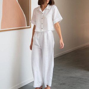 Supporto personalizzato da <span class=keywords><strong>donna</strong></span> in <span class=keywords><strong>lino</strong></span> cotone eco-friendly tessuto organico da <span class=keywords><strong>donna</strong></span> a due pezzi pantaloni larghi <span class=keywords><strong>abbigliamento</strong></span> da <span class=keywords><strong>donna</strong></span> - Product Image 5
