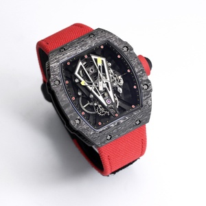 Montre mécanique haut de gamme unisexe personnalisée avec boîtier en fibre de carbone noire creuse, bracelet en velcro tissé <span class=keywords><strong>rouge</strong></span>, édition limitée, verre saphir - Product Image 2