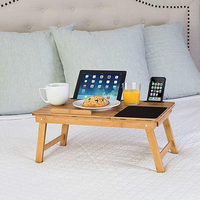 Table d'appoint moderne pliable en bambou avec surface en PU, support portable pour ordinateur portable et support de bureau réglable avec tiroir pour lit