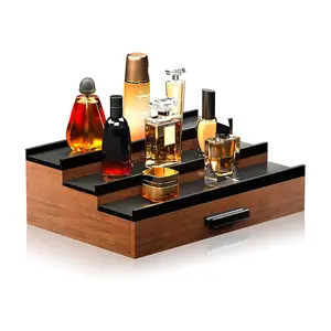 Wooden 3 Tier Cologne Perfume Elevated Display Shelf With Drawer