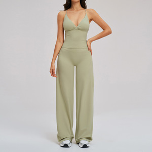 Set Yoga da Donna Due Pezzi in Nylon Spandex, Top Corto Senza Schienale e Pantaloni a Vita Alta a Gamba Larga, Asciugatura Rapida, Completo Sportivo Coordinato - Product Image 6