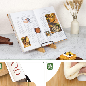 Fabricant de support de <span class=keywords><strong>livre</strong></span> de <span class=keywords><strong>cuisine</strong></span> en bambou, support de <span class=keywords><strong>livre</strong></span> de recettes avec support de page en métal, support de tablette de comptoir OEM - Product Image 3