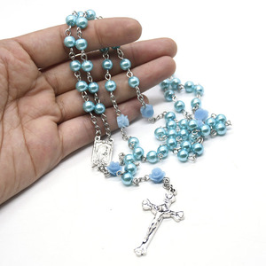 2021 nuova medaglia croce crocifisso tono argento rosari azzurro perla fiore perline <span class=keywords><strong>rosario</strong></span> collana cattolica - Product Image 6