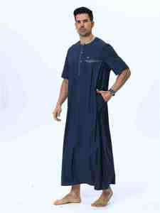 <b>Men's</b> Navy Blue Cotton <b>Thobe</b> Short Sleeve Floor Length Round Neck Loose Fit Casual Daily Wear All Seasons Solid Color - Product Image 2