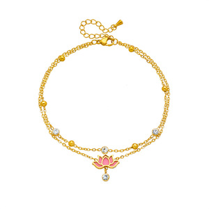 Chaîne de cheville double couche rose lotus en émail et perles rondes en cristal, bijou délicat pour femme, idéal pour l'été et la plage, vente en gros - Product Image 6