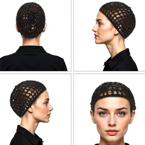 Bonnet en <span class=keywords><strong>crochet</strong></span> noir classique fait main pour <span class=keywords><strong>femme</strong></span>, style filet à cheveux, couleur unie, protection pour le sommeil, Kufi <span class=keywords><strong>Snood</strong></span> - Product Image 2