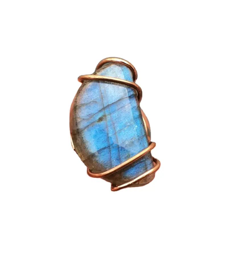 Labradorite naturale gemma liscia mezza luna forma filo di rame anello avvolto ultimo Design semplice gioielli fuoco blu