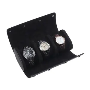 工厂库存手工奢华旅行手表盒收纳盒储物男士便携式黑色3槽十字纹Pu皮革手表卷