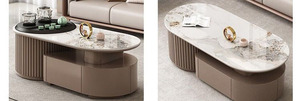 Modern <strong>Oval</strong> - Shaped Marble - Top <strong>Coffee</strong> <strong>Table</strong> with Drawer and Rotating Tea Tray - Product Image 5