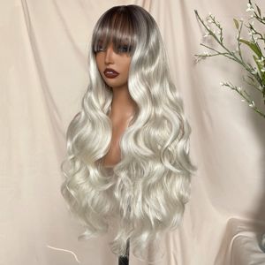 Perruque synthétique longue bouclée grise ombrée avec frange pour femme, usage quotidien, mélange de cheveux synthétiques, 12 $ - Product Image 3