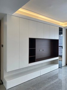 Meuble TV flottant avec éclairage LED, rangements et étagères ouvertes, blanc moderne pour salon, sur mesure - Product Image 2