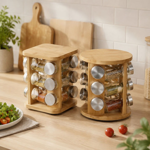 Bamboo Spice Rack 3 Tier Rotating Glass <b>Jars</b> With Metal Lids <b>For</b> <b>Kitchen</b> <b>Storage</b> - Product Image 2
