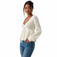 Haut en tricot côtelé pour femme avec logo personnalisé, manches longues, col en V, couleur unie, décontracté, hiver-printemps, en acrylique doux, usine OEM & ODM