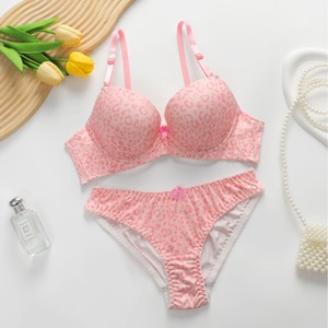 Conjunto de sujetador push-up con estampado de leopardo rosa, tirantes ajustables y braguita hipster para mujer - Product Image 5